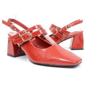 Cider Red Patent Vegan Square Toe Slingback Chunky Heel Double Buckle Size 6